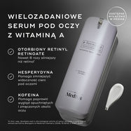 Biała butelka z pompką r-Retinoate Day & Night Eye Serum jest przedstawiona z opisami kluczowych składników: enkapsulowany retinyl retinoate, hesperydyna oraz kofeina. Przypis dolny zawiera odniesienie źródłowe dla twierdzenia dotyczącego retinolu.
