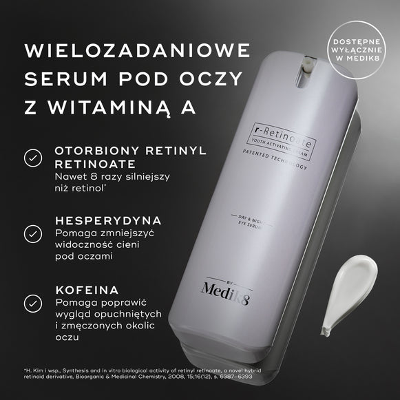 Biała butelka z pompką r-Retinoate Day & Night Eye Serum jest przedstawiona z opisami kluczowych składników: enkapsulowany retinyl retinoate, hesperydyna oraz kofeina. Przypis dolny zawiera odniesienie źródłowe dla twierdzenia dotyczącego retinolu.
-hover-39