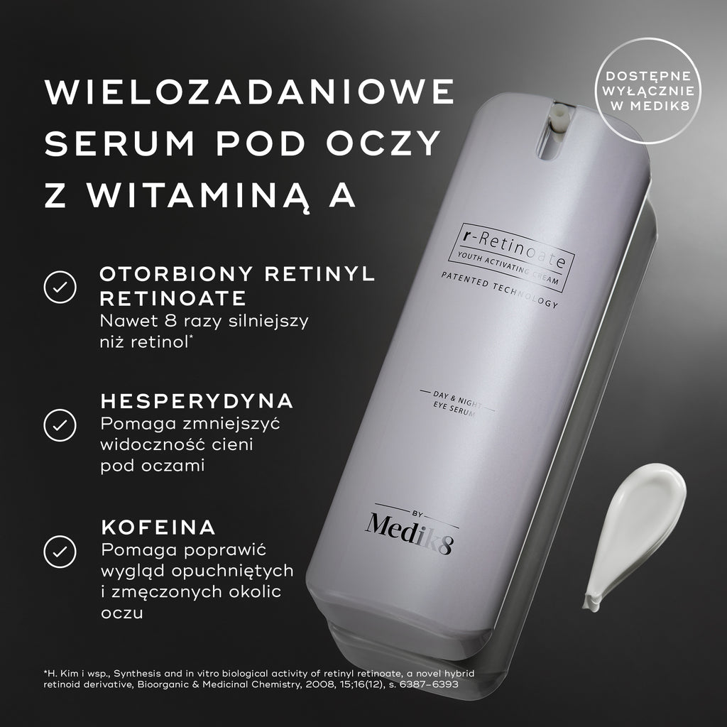 Biała butelka z pompką r-Retinoate Day & Night Eye Serum jest przedstawiona z opisami kluczowych składników: enkapsulowany retinyl retinoate, hesperydyna oraz kofeina. Przypis dolny zawiera odniesienie źródłowe dla twierdzenia dotyczącego retinolu.
