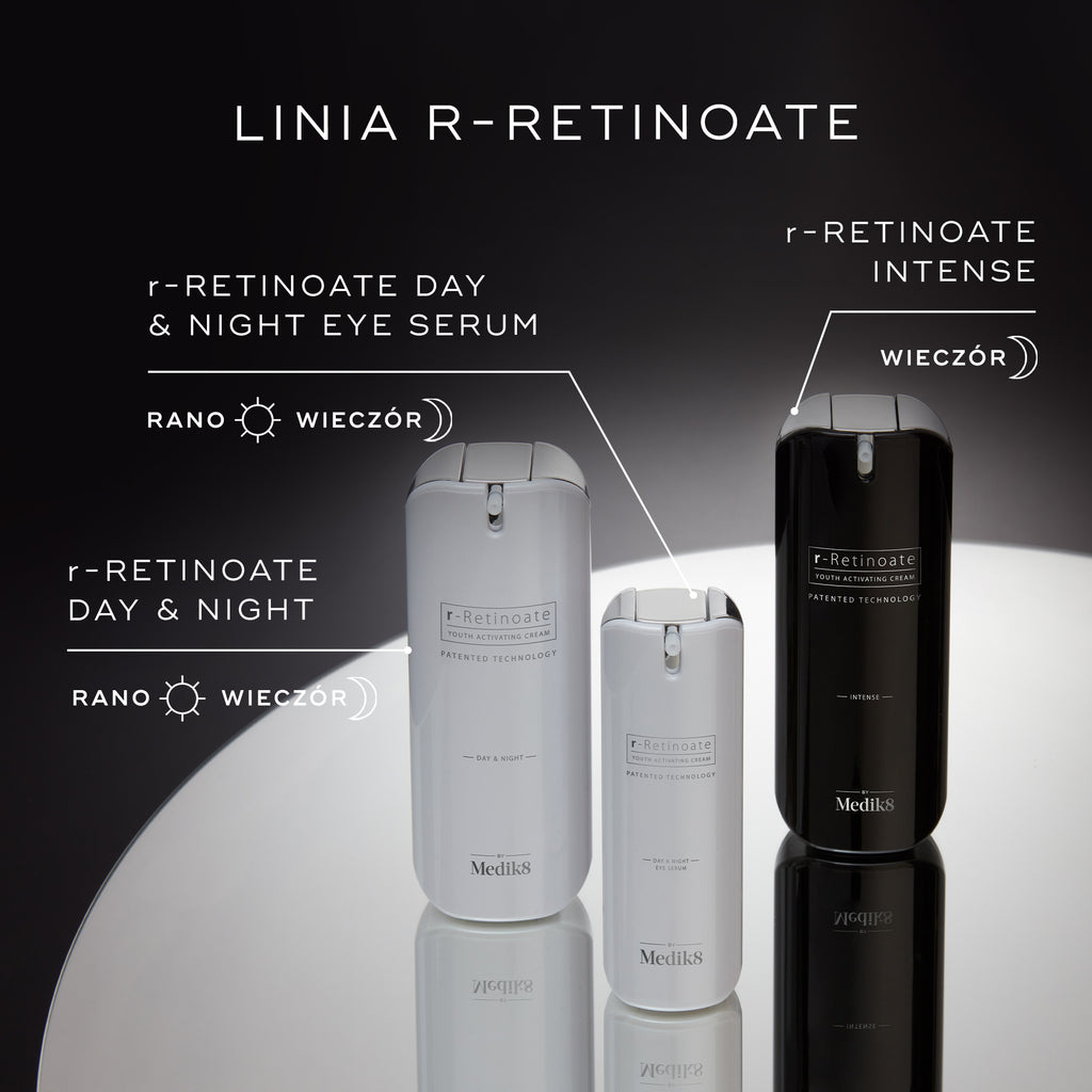 Ekspozycja prezentująca THE R-RETINOATE RANGE, obejmująca r-RETINOATE DAY & NIGHT EYE SERUM, r-RETINOATE DAY & NIGHT oraz r-RETINOATE INTENSE. Wszystkie butelki zawierają opatentowaną technologię.
