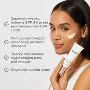 Modelka trzymająca tubkę preparatu Medik8 Advanced Day Total Protect obok listy zalet opatrzonej ikonami zaznaczeń. Tekst podkreśla, że produkt zapewnia skuteczną ochronę SPF 30 przed promieniowaniem UVA i UVB, zapobiega widocznym oznakom starzenia się skóry, tworzy niewidoczną, wygładzającą bazę pod makijaż oraz głęboko nawilża cerę.