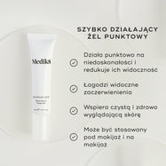 Na zdjęciu widoczna jest biała tubka żelu Blemish SOS Rapid Action Target Gel. Tekst podkreśla, że jest to ŻEL DO SZYBKIEGO DZIAŁANIA. Cztery punkty z zaznaczeniami wymieniają zalety produktu: Działa punktowo i zmniejsza widoczność wyprysków, Łagodzi widoczne zaczerwienienia, Wspomaga uzyskanie czystej, zdrowo wyglądającej skóry oraz Można go stosować pod lub na makijaż.
