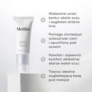 Na zdjęciu widoczna jest tubka preparatu Eyelift Peptides. Cztery punkty z zaznaczeniami przedstawiają zalety produktu: Widocznie liftinguje kontury oczu i wygładza drobne zmarszczki, zmniejsza widoczność cieni pod oczami i opuchlizny, nawilża i łagodzi delikatną skórę wokół oczu oraz tworzy idealną, wygładzającą bazę pod makijaż.