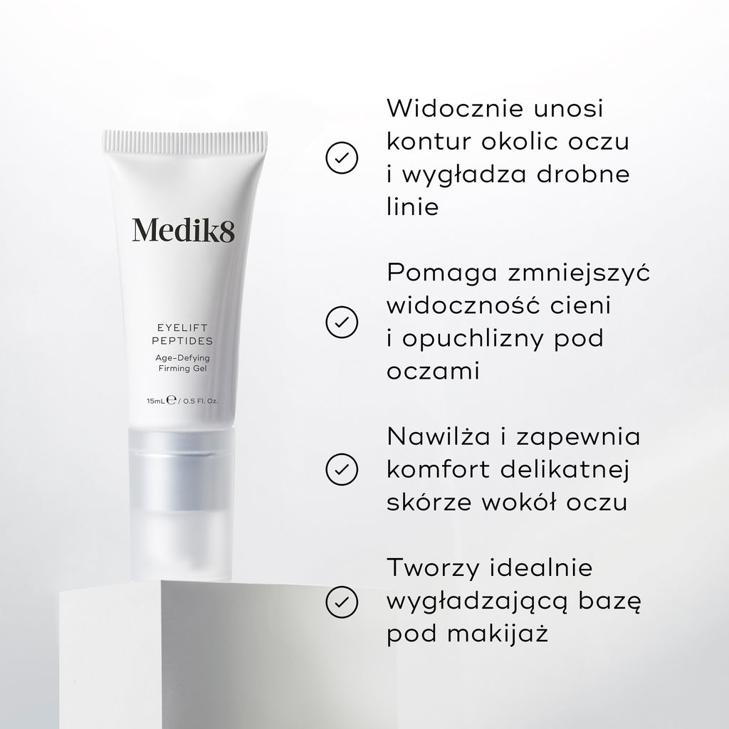 Na zdjęciu widoczna jest tubka preparatu Eyelift Peptides. Cztery punkty z zaznaczeniami przedstawiają zalety produktu: Widocznie liftinguje kontury oczu i wygładza drobne zmarszczki, zmniejsza widoczność cieni pod oczami i opuchlizny, nawilża i łagodzi delikatną skórę wokół oczu oraz tworzy idealną, wygładzającą bazę pod makijaż.