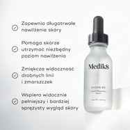Butelka serum Medik8 Hydr8 B5 stoi na białym postumencie na jasnobiałym tle. Tekst podkreśla, że produkt zapewnia długotrwałe nawilżenie skóry, pomaga skórze zachować niezbędną wilgotność, łagodzi widoczność drobnych linii i zmarszczek oraz sprawia, że cera staje się wyraźnie jędrna i elastyczna.
