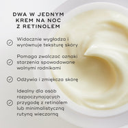Zbliżenie na krem Medik8 Intelligent Retinol Smoothing Night Cream, ukazujące konsystencję produktu wewnątrz słoiczka. U góry znajduje się napis „Two-in-One Retinol Night Cream”, a po lewej stronie lista korzyści oznaczonych znacznikami wyboru.
