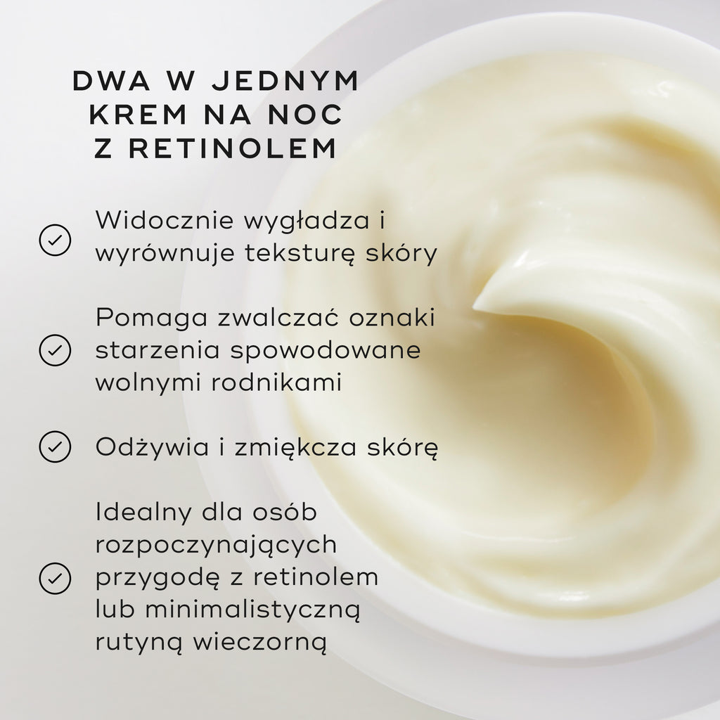 Zbliżenie na krem Medik8 Intelligent Retinol Smoothing Night Cream, ukazujące konsystencję produktu wewnątrz słoiczka. U góry znajduje się napis „Two-in-One Retinol Night Cream”, a po lewej stronie lista korzyści oznaczonych znacznikami wyboru.
