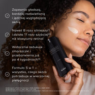 Osoba z nałożonym pasmem kremu na policzku trzyma butelkę Medik8 r-Retinoate Intense. Tekst podkreśla, że produkt jest 8x silniejszy i 11x szybszy niż klasyczny retinol, a także zapewnia wyraźną redukcję zmarszczek i przebarwień w 4 tygodnie.
