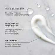 Na teksturowanej powierzchni widoczna jest próbka kremu nawilżającego, obok której znajdują się krople Aktywatora z kwasem glikolowym. W podpisach podkreślono kluczowe składniki: KWAS GLIKOLOWY złuszcza, wygładza i widocznie poprawia wygląd skóry; PREBIOTYKI I POSTBIOTYKI pomagają utrzymać równowagę mikrobiomu skóry; a NIACYNAMID pomaga wyrównać wydzielanie sebum.