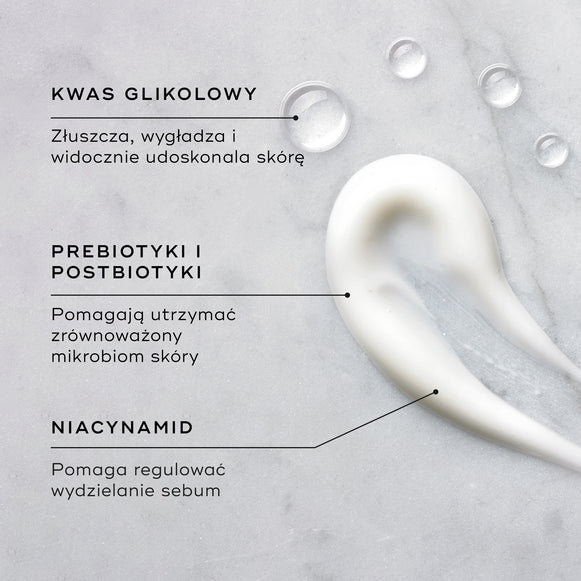 Na teksturowanej powierzchni widoczna jest próbka kremu nawilżającego, obok której znajdują się krople Aktywatora z kwasem glikolowym. W podpisach podkreślono kluczowe składniki: KWAS GLIKOLOWY złuszcza, wygładza i widocznie poprawia wygląd skóry; PREBIOTYKI I POSTBIOTYKI pomagają utrzymać równowagę mikrobiomu skóry; a NIACYNAMID pomaga wyrównać wydzielanie sebum.-hover-24