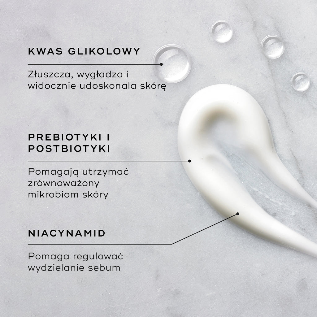 Na teksturowanej powierzchni widoczna jest próbka kremu nawilżającego, obok której znajdują się krople Aktywatora z kwasem glikolowym. W podpisach podkreślono kluczowe składniki: KWAS GLIKOLOWY złuszcza, wygładza i widocznie poprawia wygląd skóry; PREBIOTYKI I POSTBIOTYKI pomagają utrzymać równowagę mikrobiomu skóry; a NIACYNAMID pomaga wyrównać wydzielanie sebum.
