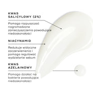 Na białej powierzchni widoczna jest próbka preparatu Blemish SOS, a obok niej znajduje się niewielka kropla. W ramkach tekstowych wyróżniono kluczowe składniki: KWAS SALICYLOWY (2%) rozkłada zanieczyszczenia powodujące powstawanie wyprysków; NIACYNAMID zmniejsza widoczne zaczerwienienia i pomaga regulować wydzielanie sebum; a KWAS AZELINOWY zwalcza bakterie powodujące powstawanie wyprysków.