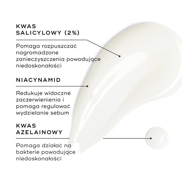 Na białej powierzchni widoczna jest próbka preparatu Blemish SOS, a obok niej znajduje się niewielka kropla. W ramkach tekstowych wyróżniono kluczowe składniki: KWAS SALICYLOWY (2%) rozkłada zanieczyszczenia powodujące powstawanie wyprysków; NIACYNAMID zmniejsza widoczne zaczerwienienia i pomaga regulować wydzielanie sebum; a KWAS AZELINOWY zwalcza bakterie powodujące powstawanie wyprysków.-hover-25