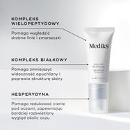 Na zdjęciu widoczna jest biała tubka preparatu Eyelift Peptides. W ramkach tekstowych wyróżniono kluczowe składniki: KOMPLEKS WIELOPEPTYDOWY, KOMPLEKS BIAŁKOWY, HESPERYDYNA.