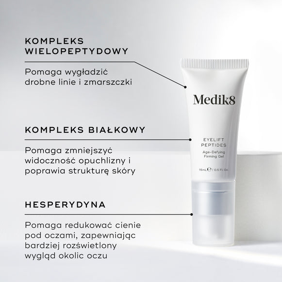 Na zdjęciu widoczna jest biała tubka preparatu Eyelift Peptides. W ramkach tekstowych wyróżniono kluczowe składniki: KOMPLEKS WIELOPEPTYDOWY, KOMPLEKS BIAŁKOWY, HESPERYDYNA.-hover-22