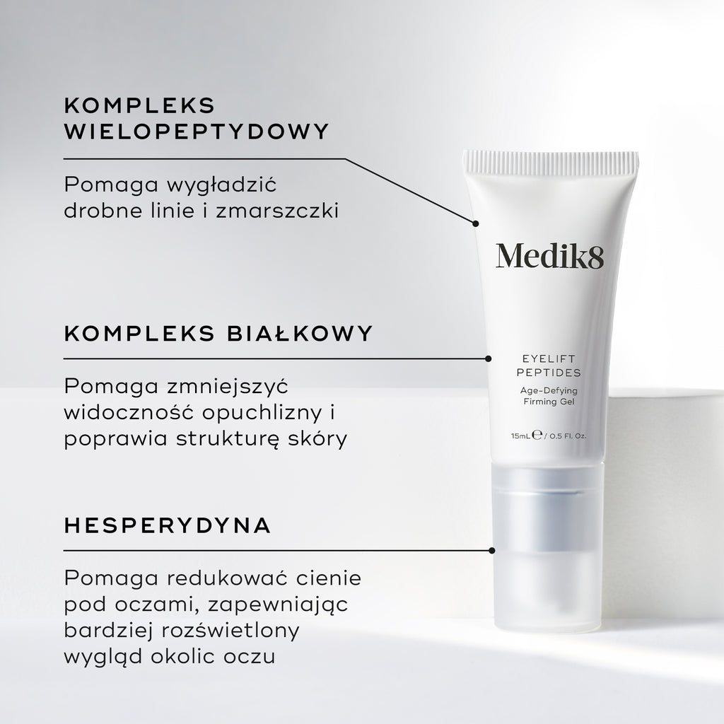 Na zdjęciu widoczna jest biała tubka preparatu Eyelift Peptides. W ramkach tekstowych wyróżniono kluczowe składniki: KOMPLEKS WIELOPEPTYDOWY, KOMPLEKS BIAŁKOWY, HESPERYDYNA.