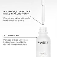 Zbliżenie na buteleczkę serum Medik8 Hydr8 B5 wraz z zakraplaczem, zawierającą przezroczysty płyn. Tekst podkreśla kluczowe składniki: KWAS HIALURONOWY O RÓŻNEJ MOLEKULARNOŚCI – zapewnia skórze widoczne nawilżenie i elastyczność oraz WITAMINA B5 – pomaga skórze zatrzymać i odbudować poziom nawilżenia, nadając jej pełniejszy wygląd.