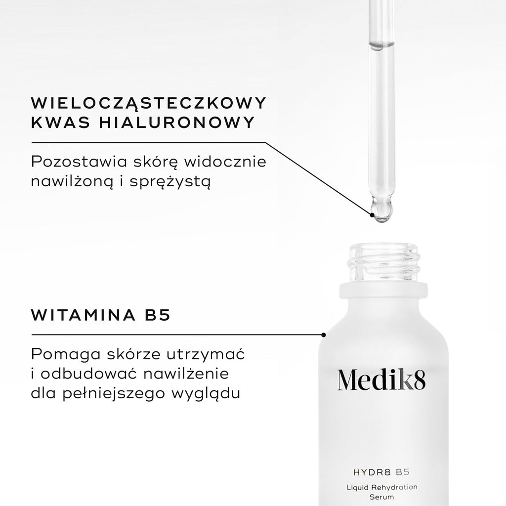 Zbliżenie na buteleczkę serum Medik8 Hydr8 B5 wraz z zakraplaczem, zawierającą przezroczysty płyn. Tekst podkreśla kluczowe składniki: KWAS HIALURONOWY O RÓŻNEJ MOLEKULARNOŚCI – zapewnia skórze widoczne nawilżenie i elastyczność oraz WITAMINA B5 – pomaga skórze zatrzymać i odbudować poziom nawilżenia, nadając jej pełniejszy wygląd.