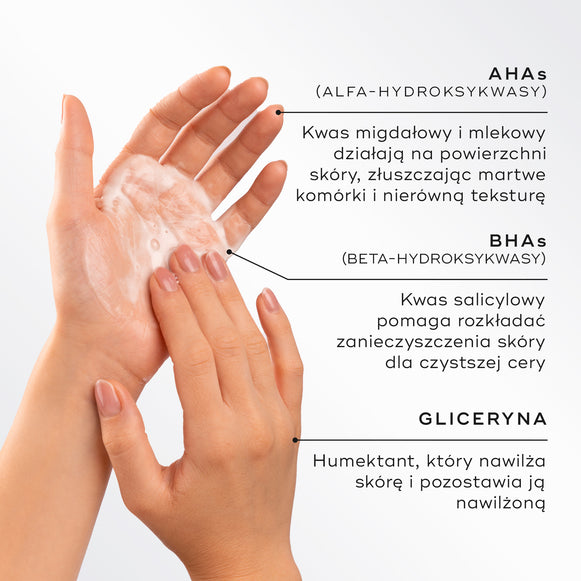 Zbliżenie na dłonie tworzące lekką pianę, podkreślające kluczowe składniki Medik8 Surface Radiance Cleanse. Tekst opisuje AHA (kwas migdałowy i mlekowy) odpowiedzialne za powierzchniowe złuszczanie, BHA (kwas salicylowy) rozbijający zanieczyszczenia i zaskórniki oraz glicerynę, która nawilża i pomaga utrzymać odpowiedni poziom hydratacji skóry.
-hover-32