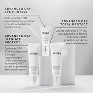 Tubki produktów Medik8 Advanced Day Eye Protect, Advanced Day Ultimate Protect oraz Advanced Day Total Protect wyeksponowane na białych cylindrycznych podstawkach na szarym tle. Opis produktu Advanced Day Eye Protect zwraca uwagę na ochronę SPF 30 dostosowaną do delikatnej skóry wokół oczu. Tekst dotyczący produktu Advanced Day Ultimate Protect podkreśla ochronę SPF 50+, enzym naprawiający DNA oraz kompleksową ochronę przed czynnikami środowiskowymi. Tekst dotyczący produktu Advanced Day Total Protect opisu
