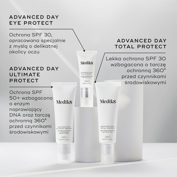Tubki produktów Medik8 Advanced Day Eye Protect, Advanced Day Ultimate Protect oraz Advanced Day Total Protect wyeksponowane na białych cylindrycznych podstawkach na szarym tle. Opis produktu Advanced Day Eye Protect zwraca uwagę na ochronę SPF 30 dostosowaną do delikatnej skóry wokół oczu. Tekst dotyczący produktu Advanced Day Ultimate Protect podkreśla ochronę SPF 50+, enzym naprawiający DNA oraz kompleksową ochronę przed czynnikami środowiskowymi. Tekst dotyczący produktu Advanced Day Total Protect opisu-hover-5