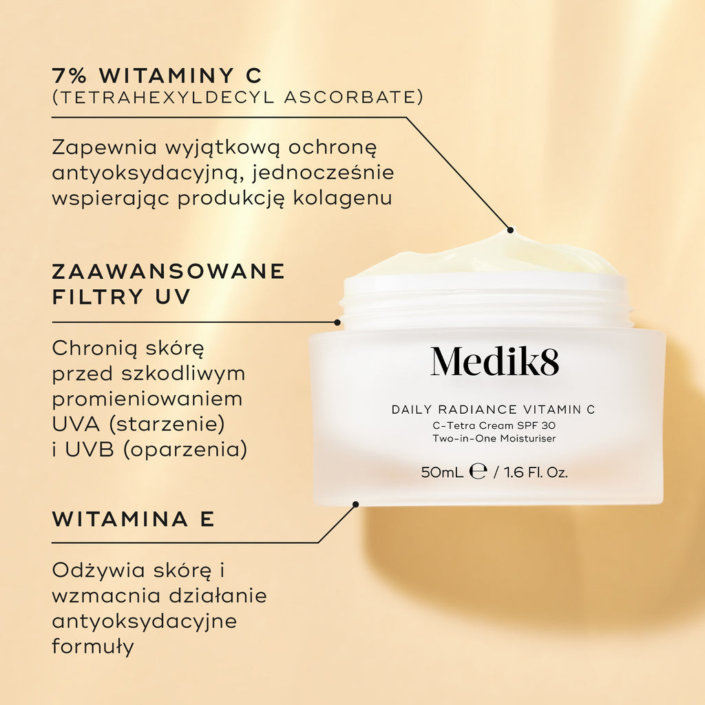 Szklany słoiczek z produktem Medik8 Daily Radiance Vitamin C na tle w ciepłym złotym odcieniu, z opisem składników. Tekst podkreśla zawartość 7% witaminy C (askorbinianu tetraheksylodecylowego), zapewniającej ochronę antyoksydacyjną i wspomagającą produkcję kolagenu, wysokiej jakości filtrów UV chroniących przed promieniowaniem UVA i UVB oraz witaminy E, która odżywia skórę i wzmacnia działanie przeciwutleniające.
