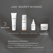 Przewodnik „HOW TO LAYER” przedstawiający cztery produkty na ciemnoszarym tle: Surface Radiance Cleanser, Press & Glow, produkt typu Target oraz witaminę A z kremem nawilżającym. Layout pokazuje kolejność stosowania produktów w rutynie pielęgnacyjnej.

