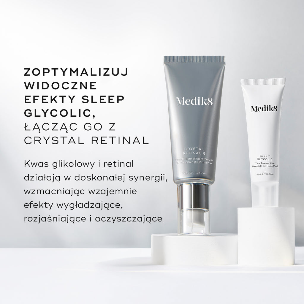 Tubki Medik8 Crystal Retinal 6 oraz Sleep Glycolic stoją na białych, okrągłych podium na czystym białym tle. Tekst zaleca optymalizację widocznych efektów Sleep Glycolic poprzez łączenie go z Crystal Retinal, podkreślając, że kwas glikolowy i retinal wzajemnie wzmacniają działanie wygładzające, rozświetlające i oczyszczające skórę.
