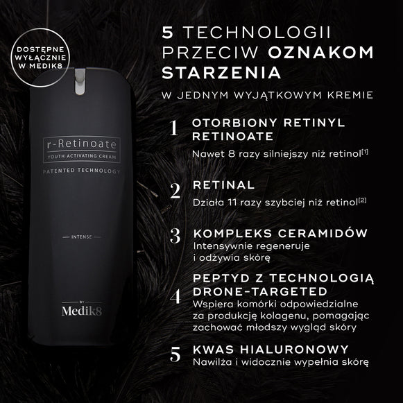 Butelka kremu Medik8 r-Retinoate Intense na ciemnym, miękko cieniowanym tle. Tekst podkreśla 5 technologii przeciwstarzeniowych: enkapsulowany retinyl retinoate, retinal, kompleks ceramidów, peptyd precyzyjnie ukierunkowany (drone-targeted peptide) oraz kwas hialuronowy.
-hover-33
