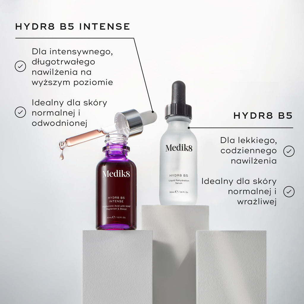 Butelki Medik8 Hydr8 B5 Intense oraz Hydr8 B5 stoją na białych podium na czystym, jasnym tle. Tekst przedstawia korzyści produktu Hydr8 B5 Intense jako „dla intensywnego, długotrwałego nawilżenia” oraz „idealny dla skóry normalnej do odwodnionej”. Korzyści Hydr8 B5 obejmują „lekkie codzienne nawilżenie” oraz „idealny dla skóry normalnej do wrażliwej”.

