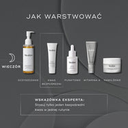 Ciemna, minimalistyczna grafika nocnej rutyny „How to Layer” z ikoną księżyca i oznaczeniem PM. Produkty Medik8 są pokazane w kolejności z podpisami pod każdym z nich: „Cleanse” (Lipid-Balance Cleansing Oil), „Direct Acid” (Sleep Glycolic), „Target” (Liquid Peptides), „Vitamin A” (Crystal Retinal) oraz „Moisturise” (Advanced Night Restore). Krok „Direct Acid” jest wyróżniony przerywaną ramką. Na dole znajduje się podpis: „Expert Advice: używaj tylko jednego kwasu bezpośredniego w jednej rutynie.”
