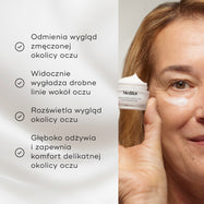 Obok modelki trzymającej słoiczek z kremem Medik8 Advanced Night Eye widnieje lista zalet produktu. W tekście podkreślono, że krem odmienia zmęczone oczy, wygładza drobne zmarszczki, rozjaśnia i głęboko odżywia delikatną skórę wokół oczu.