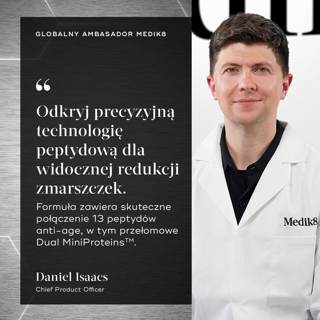 Na zdjęciu widnieje Daniel Isaacs, dyrektor ds. produktów w firmie Medik8, wraz z cytatem o następującej treści: „Odkryj precyzyjną technologię peptydową zapewniającą spektakularną redukcję zmarszczek. Formuła zawiera silną mieszankę 13 peptydów przeciwdziałających oznakom starzenia, w tym przełomowe Dual MiniProteins™”.