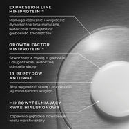 Zbliżenie na konsystencję preparatu Liquid Peptides Advanced MP wraz z opisami składników. EXPRESSION LINE MINIPROTEIN™, GROWTH FACTOR MINIPROTEIN, 13 PEPTYDÓW PRZECIWSTARZENIOWYCH oraz Kwas hialuronowy jako mikro-wypełniacz