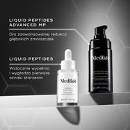 Porównanie produktu LIQUID PEPTIDES ADVANCED MP (w czarnej butelce z pompką), przeznaczonego do zaawansowanej redukcji głębokich zmarszczek, oraz produktu LIQUID PEPTIDES (w białej butelce z zakraplaczem), który w widoczny sposób wypełnia i wygładza pierwsze oznaki starzenia.