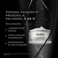 Słoiczek kremu Medik8 Advanced Pro-Collagen+ Peptide Cream na czarnym tle z abstrakcyjnymi wzorami strukturalnymi. Tekst informuje, że produkt pomaga zwiększyć produkcję kolagenu o 45%, zapewniając widocznie jędrniejszą skórę, redukcję zmarszczek i poprawę elastyczności.