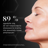 Zbliżenie profilu twarzy modelki na czarnym twarzy z sześciokątnymi wzorami. Napis informuje, że 89% osób zgodziło się, iż od momentu rozpoczęcia stosowania kremu nie pojawiły się żadne nowe zmarszczki.