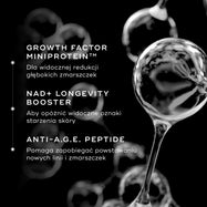 1 Abstrakcyjna grafika na czarnym tle, podkreślająca kluczowe składniki kremu Medik8 Advanced Pro-Collagen+ Peptide Cream. Tekst opisuje zalety miniproteiny z czynnikiem wzrostu, substancji NAD+ wspomagającej długowieczność oraz peptydu Anti-A.G.E. w redukcji zmarszczek.