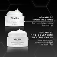 Porównanie słoiczków z kremami Medik8 Advanced Night Restore i Advanced Pro-Collagen+ Peptide Cream, ustawionych obok siebie na czarnym tle. Tekst porównuje odżywczą formułę Night Restore przeznaczoną na noc z nową, lekką formułą Pro-Collagen+ do stosowania rano i wieczorem, podkreślając jej zdolność do stymulowania produkcji kolagenu i redukcji głębokich zmarszczek.