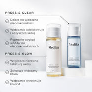 Grafika porównawcza przedstawiająca butelki Medik8 Press & Glow oraz Press & Clear. Tekst podkreśla różnice między produktami: Press & Clear ukierunkowany jest na redukcję widocznych niedoskonałości, natomiast Press & Glow pomaga wygładzać nierówną strukturę skóry.
