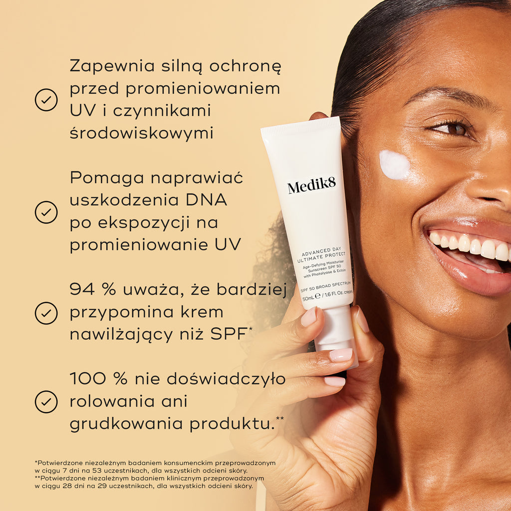 Tubka kremu Medik8 Advanced Day Ultimate Protect trzymana przez uśmiechniętą modelkę, z widoczną smugą białego kremu na jej policzku, na ciepłym beżowym tle. Tekst podkreśla cztery kluczowe korzyści: silną ochronę przed promieniowaniem UV i czynnikami środowiskowymi, wspieranie naprawy uszkodzeń DNA po ekspozycji na UV, 94% osób zgadza się, że produkt przypomina krem nawilżający, oraz 100% użytkowników nie doświadczyło rolowania ani grudkowania.
