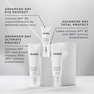 Trzy kremy przeciwsłoneczne Medik8 zaprezentowane na białych podium na szarym tle. Etykiety identyfikują produkty: Advanced Day Eye Protect (ochrona SPF 30 dla delikatnej okolicy oczu), Advanced Day Ultimate Protect (ochrona SPF 50+ z enzymami naprawy DNA) oraz Advanced Day Total Protect (lekka formuła SPF 30 z 360° ochroną środowiskową).
