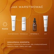Przewodnik AM „How to Layer” na tle złotych kropli oleju. Rutyna przedstawia cztery produkty w kolejności: Surface Radiance Cleanse (oczyszczanie), Press & Glow (tonizacja), C-Tetra Luxe (witamina C) oraz Advanced Day Ultimate Protect (ochrona przeciwsłoneczna). C-Tetra Luxe jest wyróżniony przerywaną ramką jako kluczowy etap rutyny. Na dole znajduje się sekcja „Expert Advice” z rekomendacją stosowania witaminy A w rutynie wieczornej, aby utrzymać maksymalne efekty przeciwstarzeniowe.
