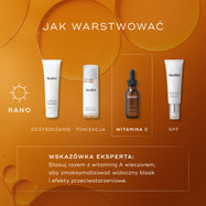 Przewodnik warstwowania Medik8 zatytułowany „HOW TO LAYER” na ciepłym pomarańczowym tle z grafikami przypominającymi bąbelki. Ikona słońca wskazuje poranną rutynę składającą się z czterech kroków, przy czym trzeci krok jest wyróżniony białą przerywaną ramką. Przedstawione etapy i produkty obejmują: CLEANSE – tubka Medik8 Surface Radiance Cleanse, TONE – butelka Medik8 Press & Glow, VITAMIN C – serum Medik8 C-Tetra Luxe oraz SUNSCREEN – tubka Medik8 Advanced Day Ultimate Protect. Na dole znajduje się sekcja 