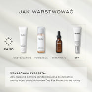 Przewodnik „How to Layer” przedstawiający Medik8 Surface Radiance Cleanse jako pierwszy krok zarówno w porannej, jak i wieczornej rutynie pielęgnacyjnej. Rutyna AM kontynuowana jest przez Press & Glow (tonizacja), C-Tetra Luxe (witamina C) oraz Advanced Day Ultimate Protect (ochrona przeciwsłoneczna). Rutyna PM obejmuje Press & Clear (tonizacja), Crystal Retinal (witamina A) oraz Advanced Night Restore (nawilżanie).
