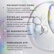 Close-up of clear liquid bubbles on a holographic background. Text lines highlight key ingredients: Prismatic PDRN to help soothe visible redness and reveal smoother, younger-looking skin; Triple Exosome Complex with up to 151 billion exosomes per bottle to promote a healthier-looking complexion; GF MiniProtein™ to visibly redefine skin structure over time; and ATP Precursor to optimize natural processes involved in visible skin rejuvenation.