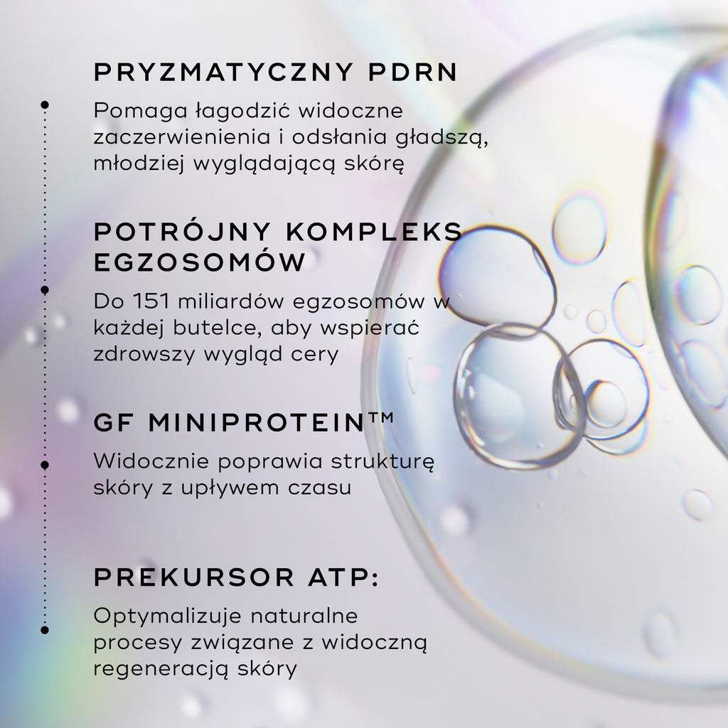 Close-up of clear liquid bubbles on a holographic background. Text lines highlight key ingredients: Prismatic PDRN to help soothe visible redness and reveal smoother, younger-looking skin; Triple Exosome Complex with up to 151 billion exosomes per bottle to promote a healthier-looking complexion; GF MiniProtein™ to visibly redefine skin structure over time; and ATP Precursor to optimize natural processes involved in visible skin rejuvenation.