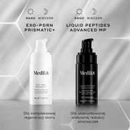 Dwa serum marki Medik8 zostały zestawione obok siebie na tle z sześciokątnymi wzorami. Po lewej stronie widoczna jest biała buteleczka EXO-PDRN Prismatic+, przeznaczona do stosowania rano i wieczorem w celu uzyskania ogólnego i widocznego odmłodzenia skóry. Po prawej stronie widoczna jest czarna buteleczka Liquid Peptides Advanced MP, przeznaczona do stosowania rano i wieczorem w celu widocznego zredukowania głębokich zmarszczek.