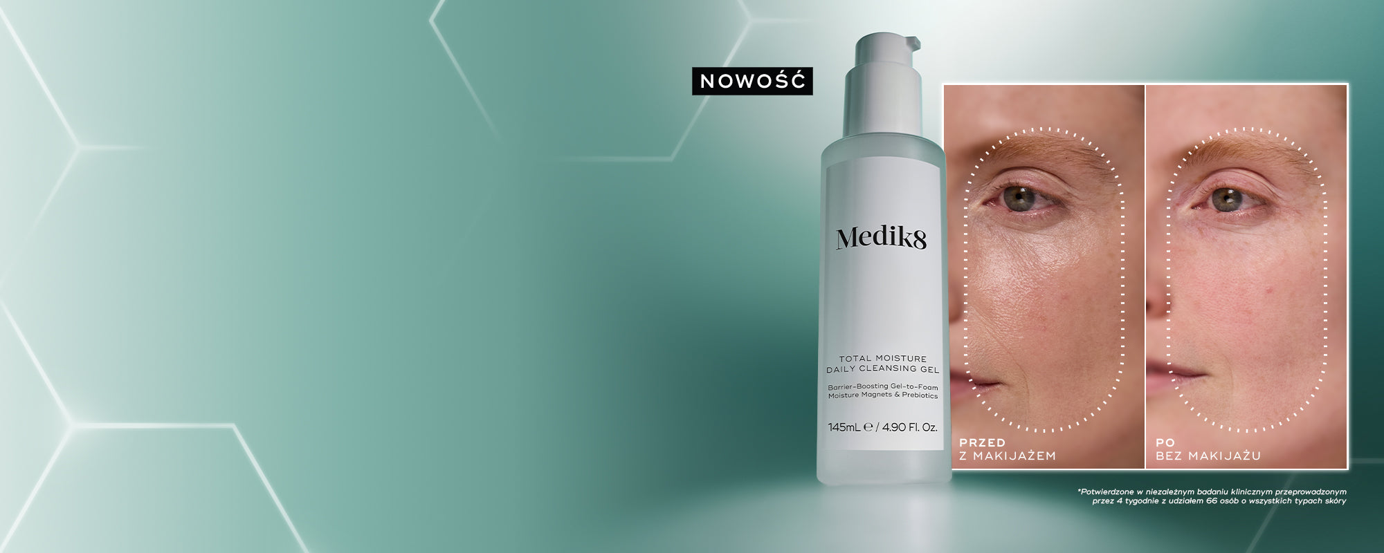 Medik8 Total Moisture Daily Cleansing Gel zobrazený vedľa fotografií pleti pred a po použití, spolu s textom vyzdvihujúcim klinicky overené čistenie v jednom kroku a účinné odstránenie make-upu a opaľovacieho krému.